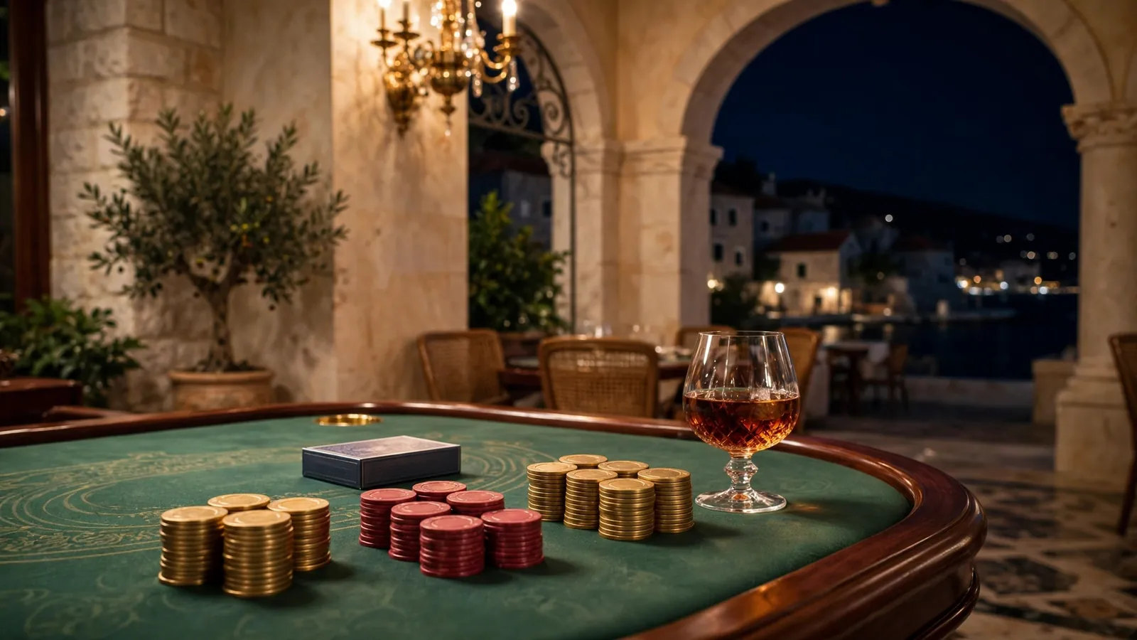 Elegantan stol za baccarat u hrvatskom casinu s čipovima i kartama