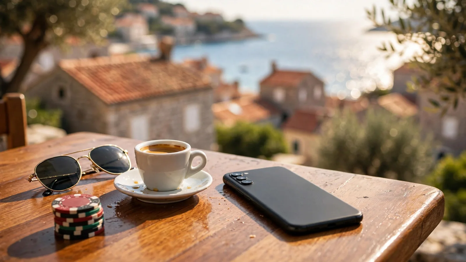 Pametni telefon na stolu kafića uz žetone za casino na dalmatinskoj terasi