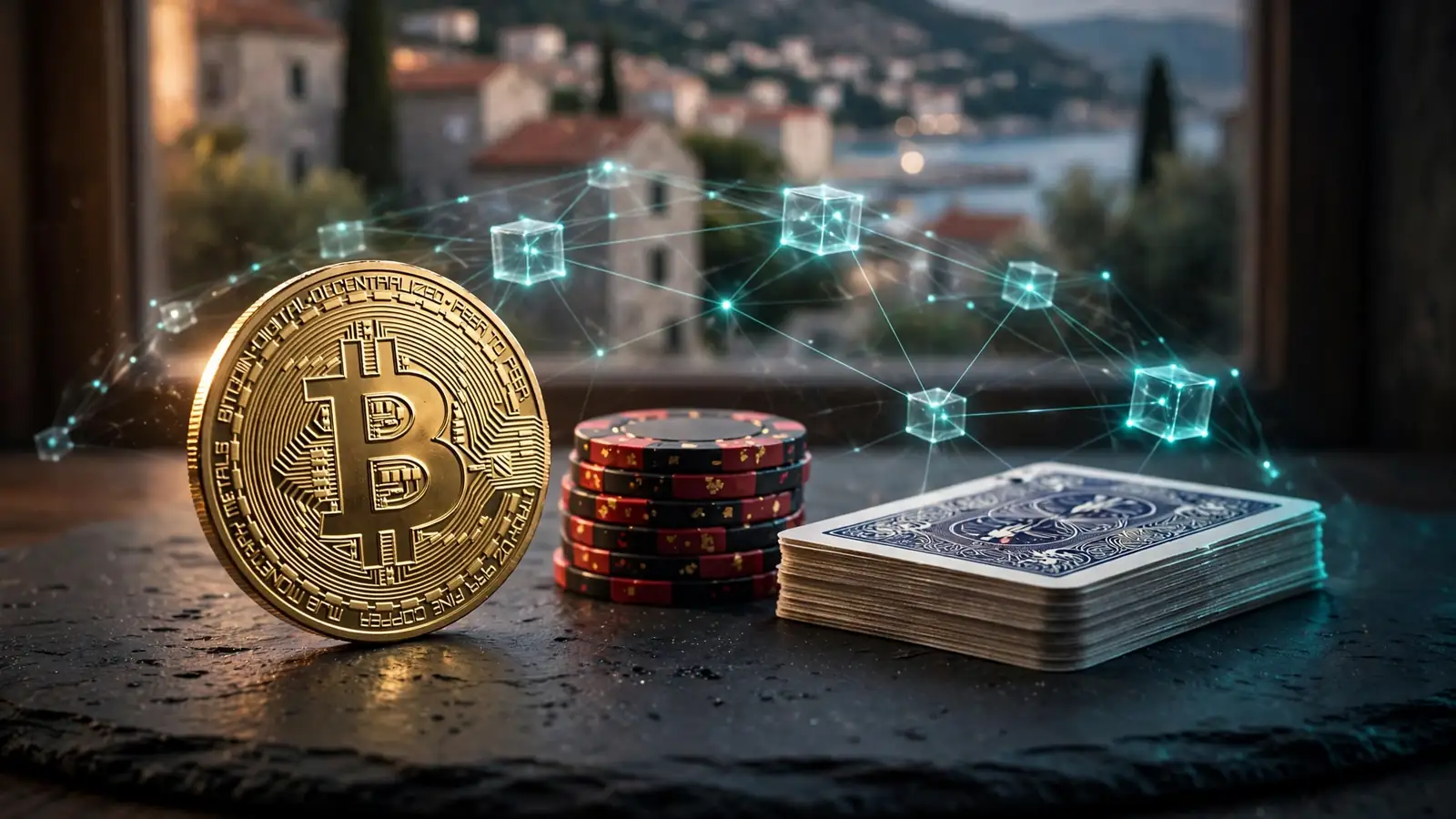 Bitcoin kovanica, casino žetoni i karte uz blockchain mrežu