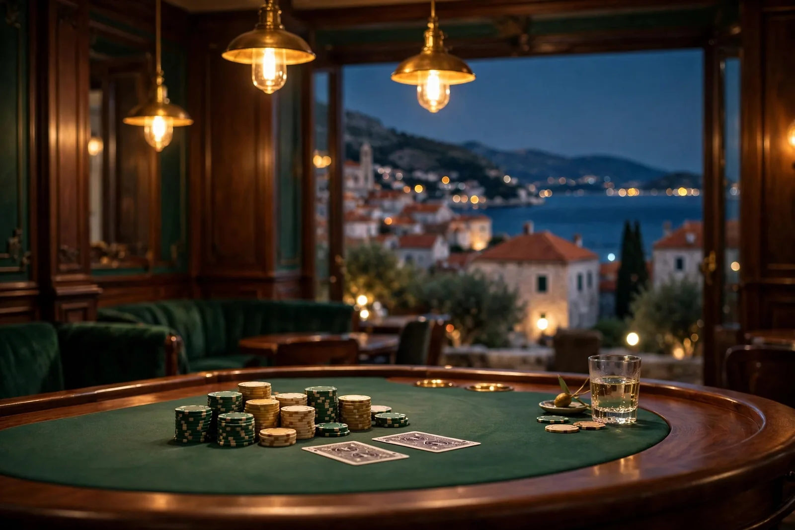 Elegantni hrvatski casino s blackjack stolom i pogledom na jadransku obalu