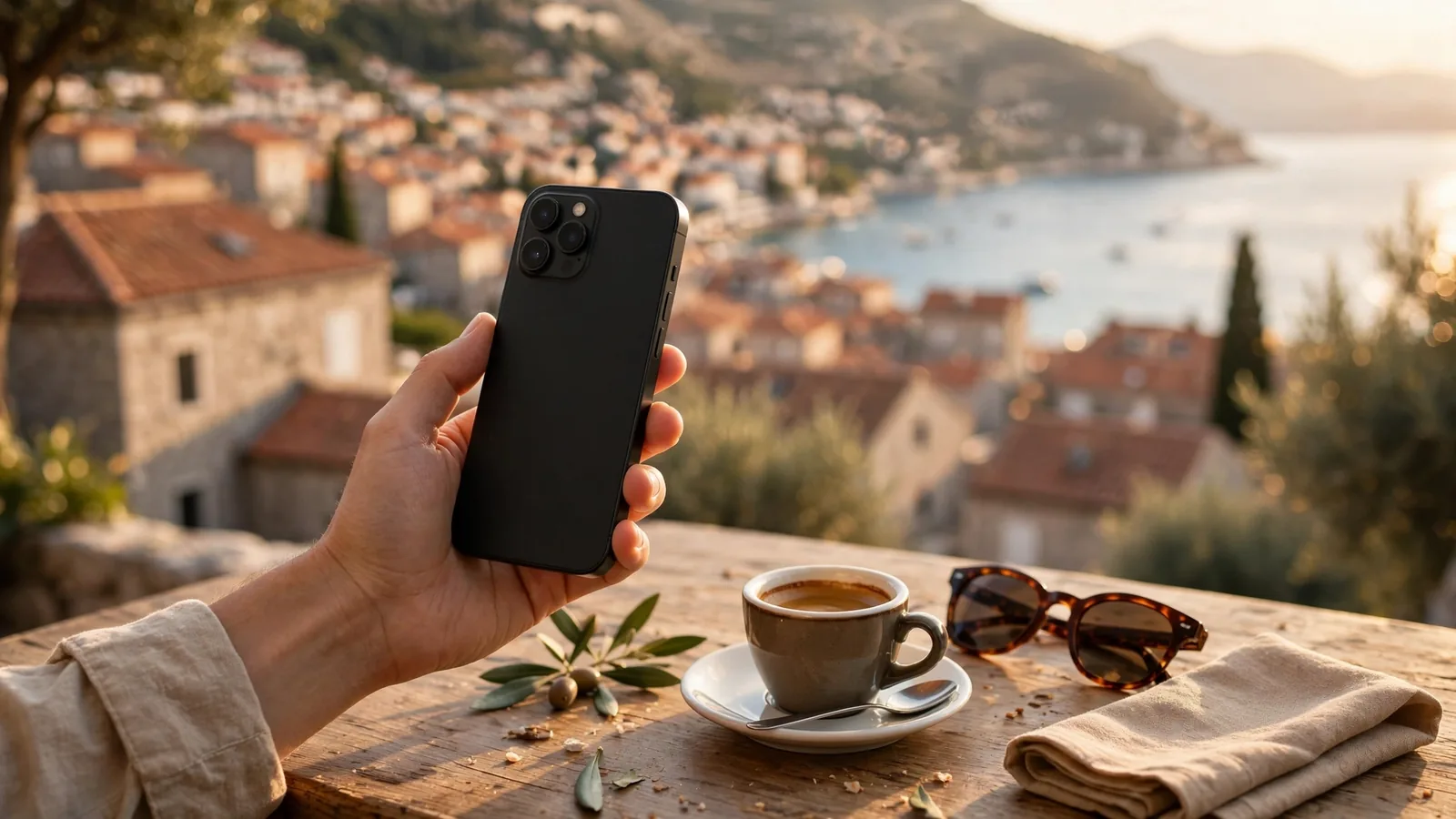 Ruka drži iPhone na stolu uz more u Dalmaciji