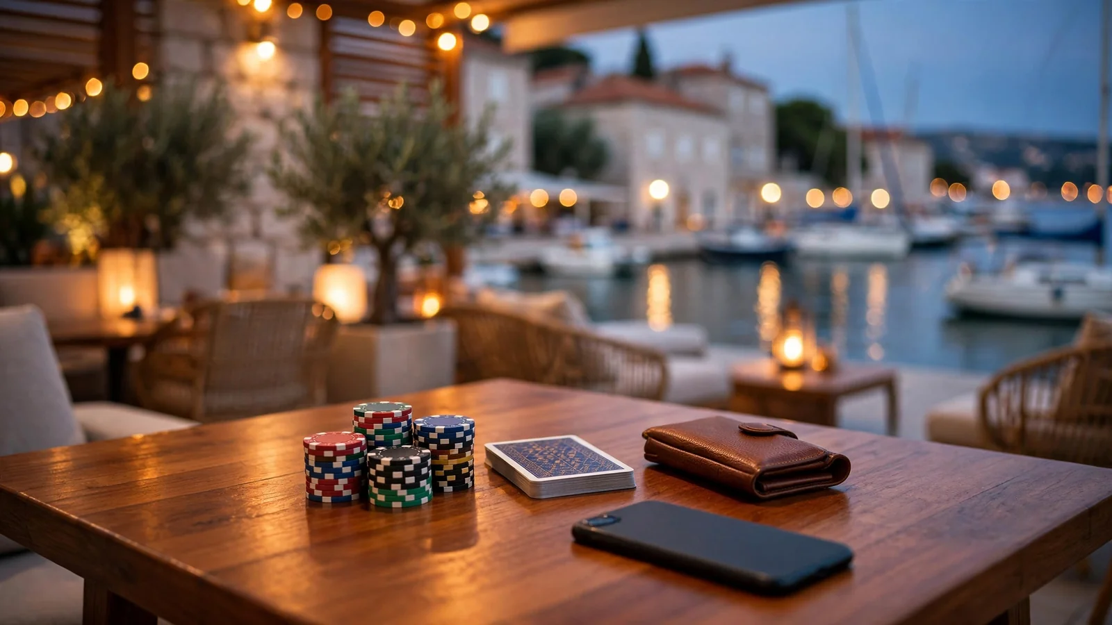 Croatian lounge with casino chips, cards and closed laptop