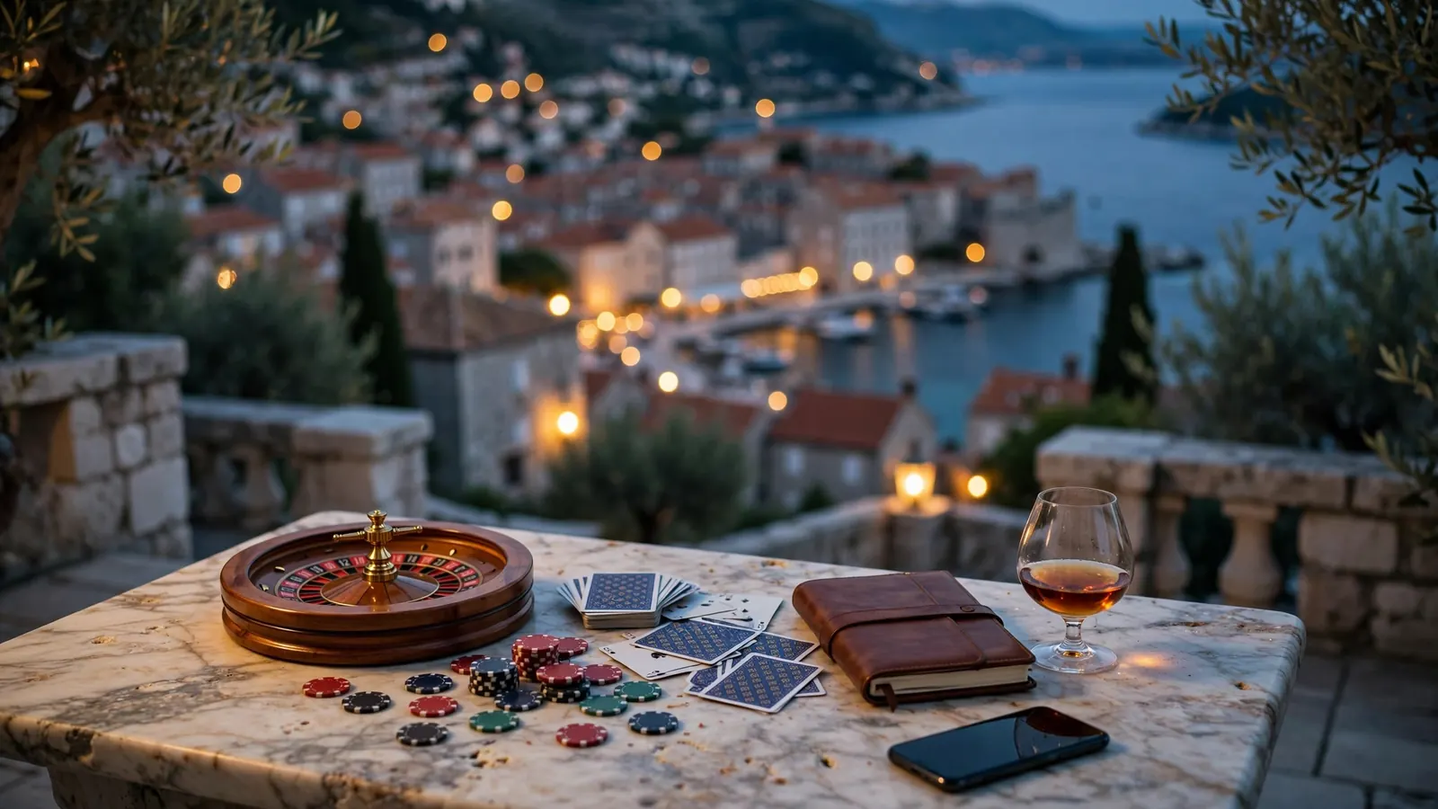 Večernji pogled na Dubrovnik uz stol s ruletom i žetonima