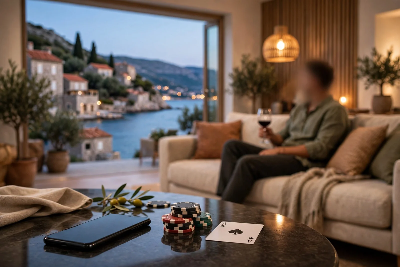 Moderan smartphone, kazino žetoni i čaša vina uz pogled na hrvatsku obalu