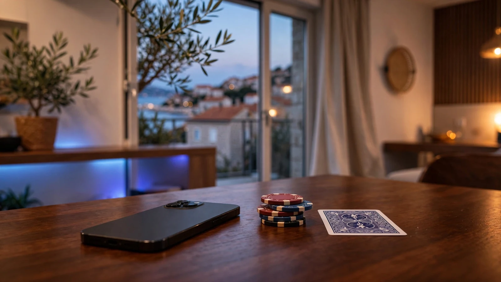 Pametni telefon uz casino žetone na stolu