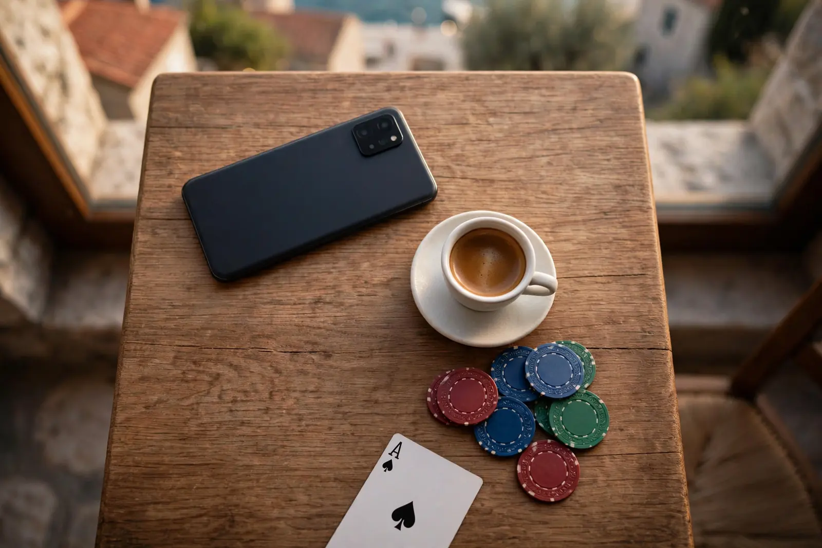 Pametni telefon uz casino čipove na stolu kafića