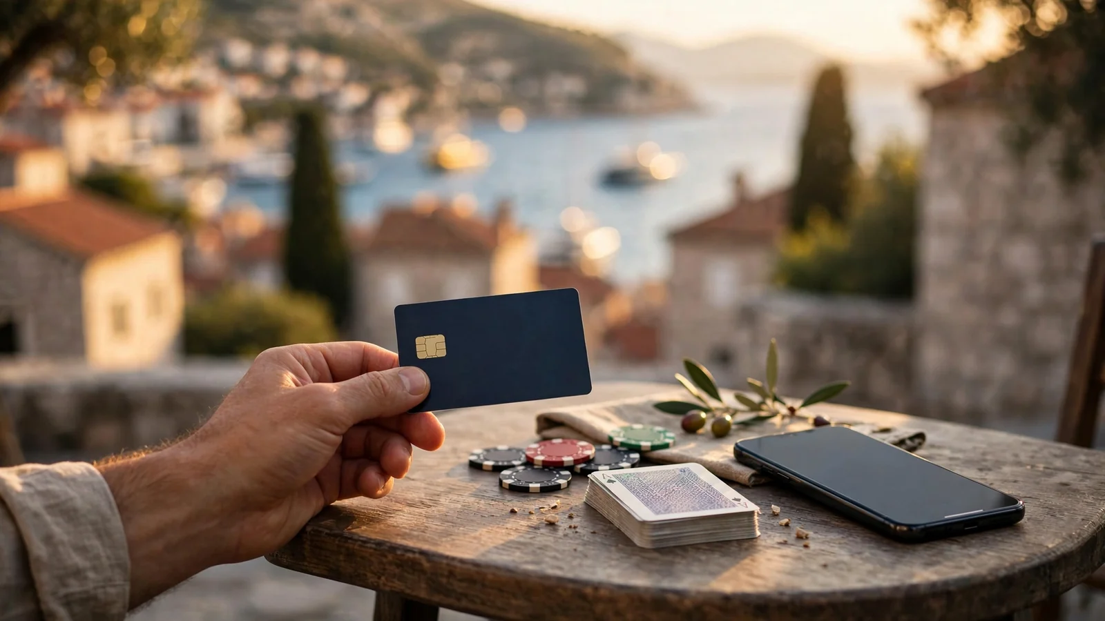 Osoba na balkonu kraj mora drži pametni telefon uz Visa karticu i casino žetone
