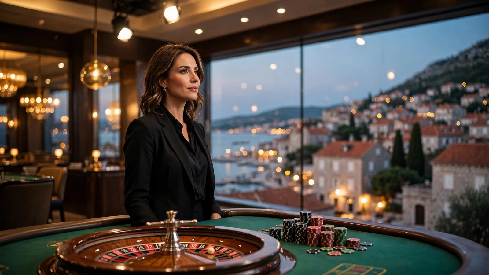 Djeliteljica za stolom u casinu uživo s pogledom na hrvatsku obalu