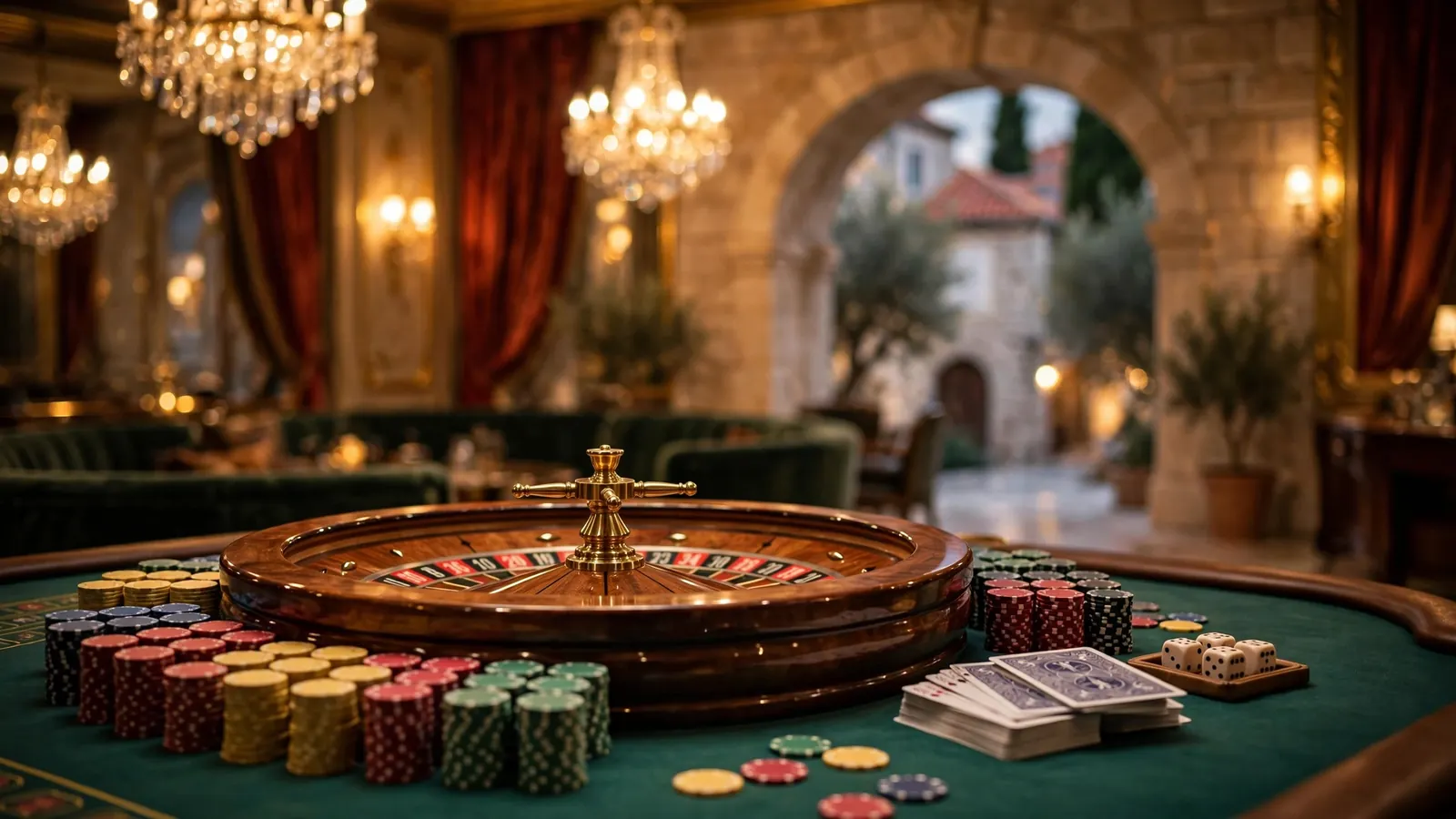 Elegantni casino interijer s rouletteom, žetonima i kartama na zelenom stolu