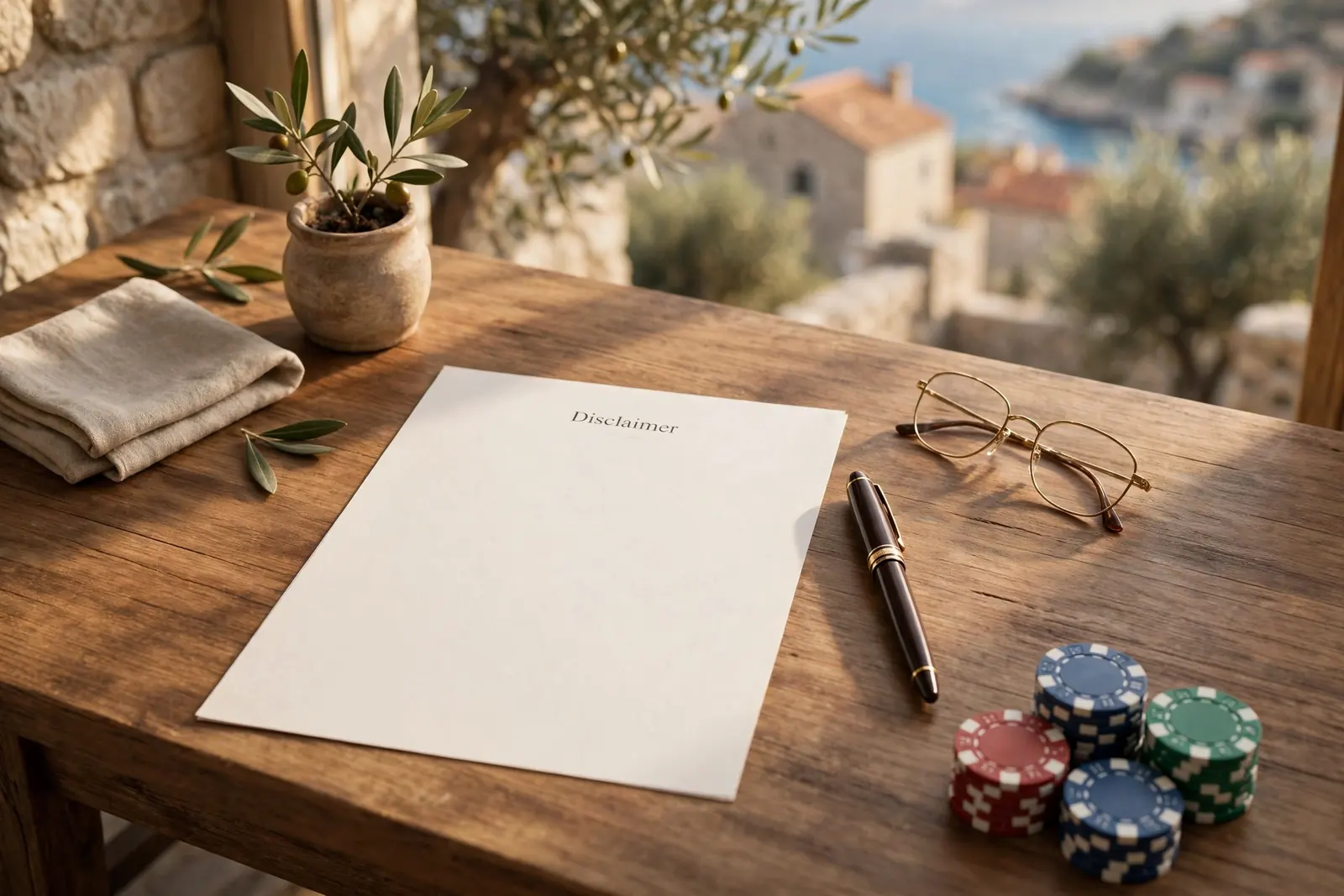 Uredski stol s dokumentom o odricanju odgovornosti, naočalama i poker žetonima