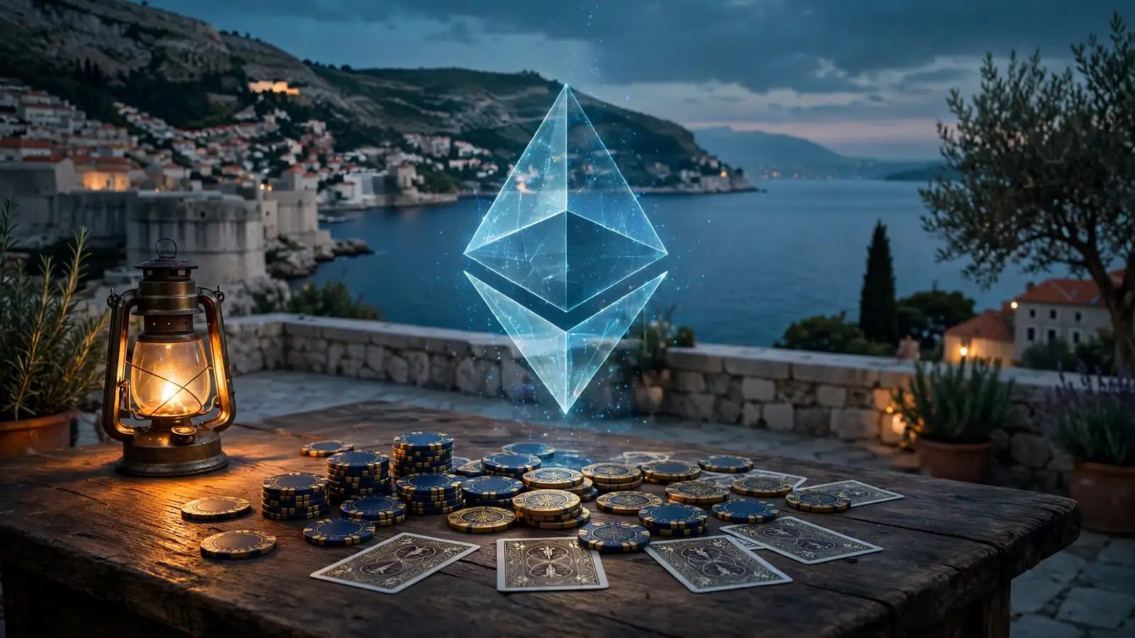 Ethereum hologram i casino žetoni na drvenom stolu s pogledom na jadransku obalu