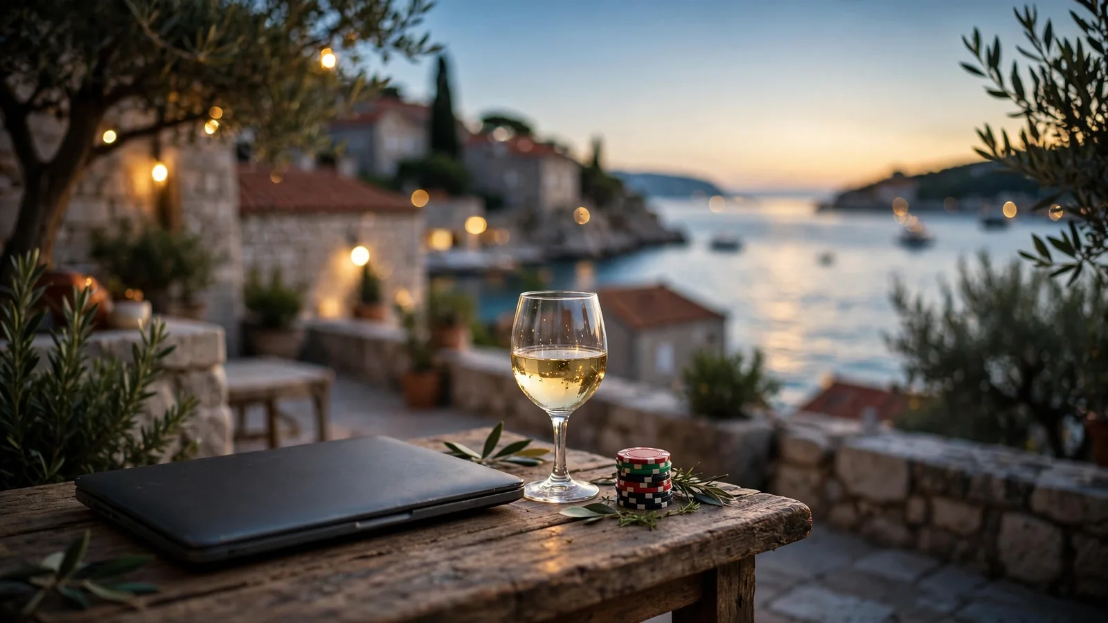 Hrvatska terasa uz more s čipovima za casina na stolu