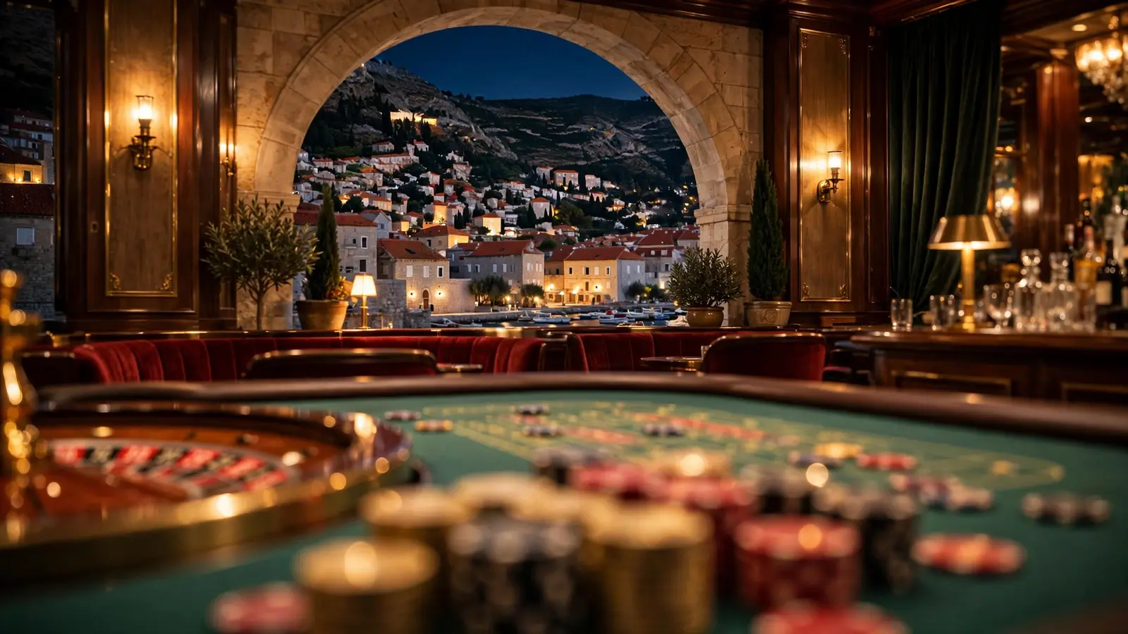 Elegantna casinoska dvorana s ruletom i pogledom na hrvatski obalni grad