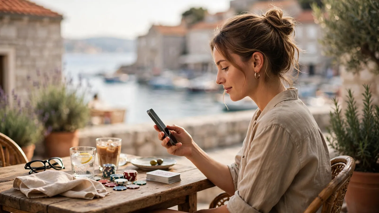 Osoba u kafiću uz more drži telefon uz čipove i karte za stolom