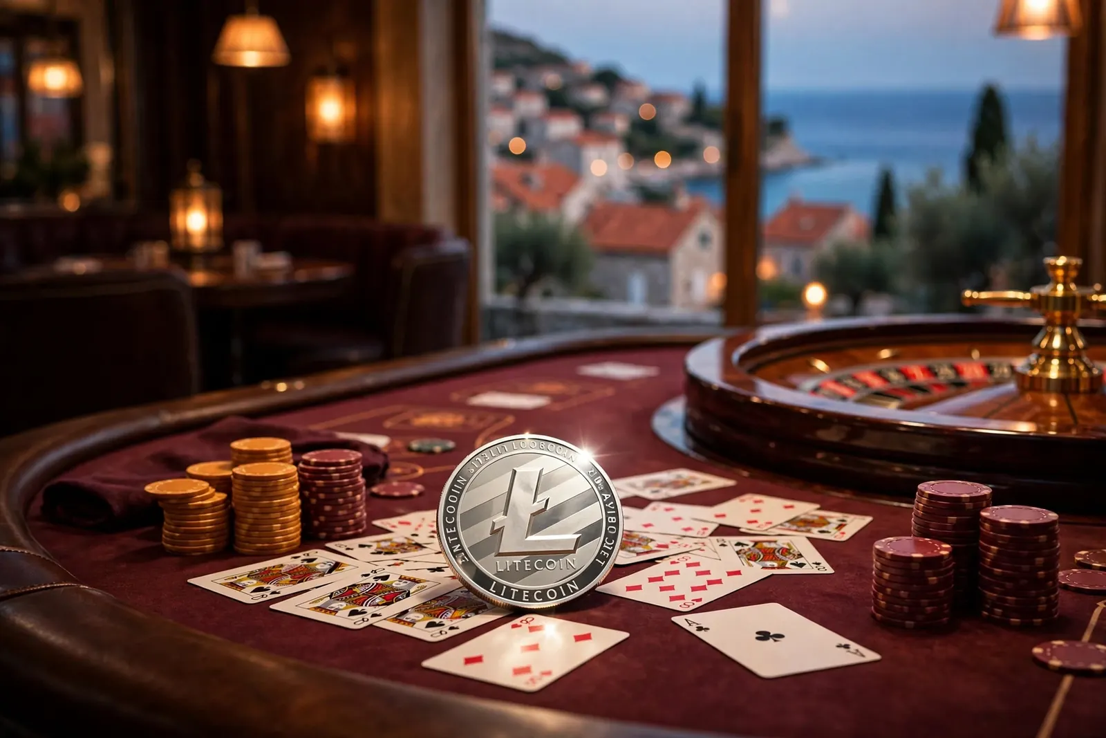 Elegantan casino stol s čipovima, kartama i Litecoin kriptovalutom uz pogled na hrvatsku obalu.