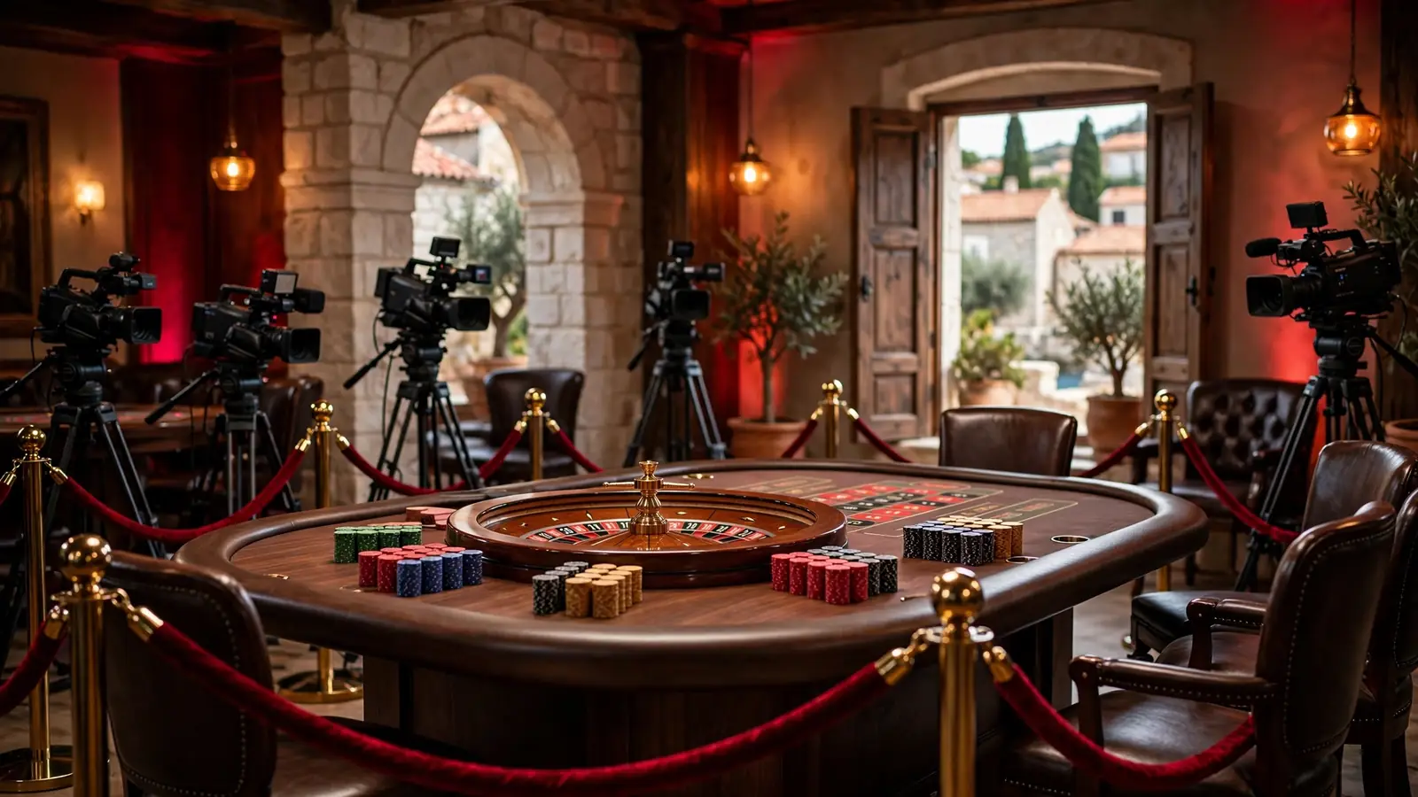 Elegantan studio za casino uživo s ruletom i žetonima pod toplom rasvjetom