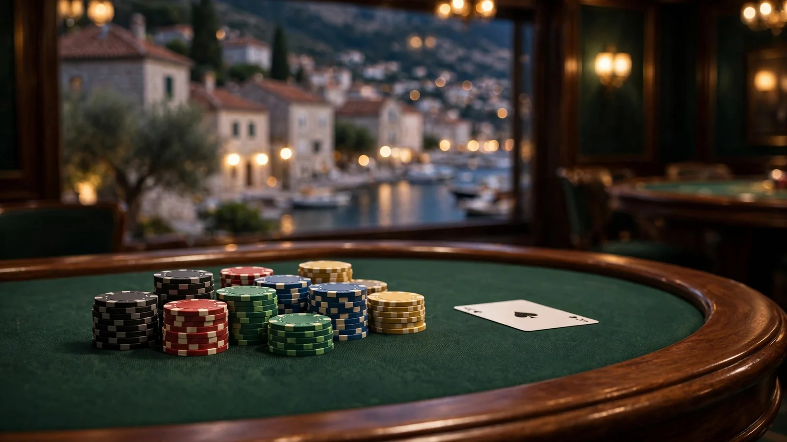 Stol za blackjack s hrpom žetona i kartom na zelenom suknu u elegantnom kasinu