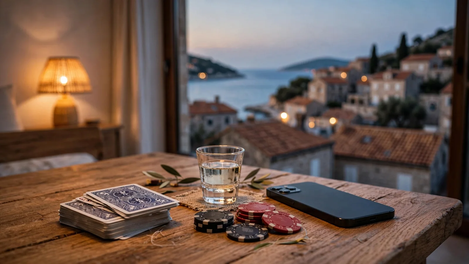 Stol s karticama i žetonima uz telefon, pogled na hrvatsku obalu