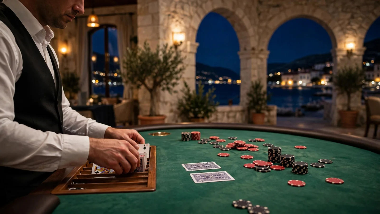 Djelitelj dijeli karte za stolom za blackjack u elegantnom hrvatskom kasinu