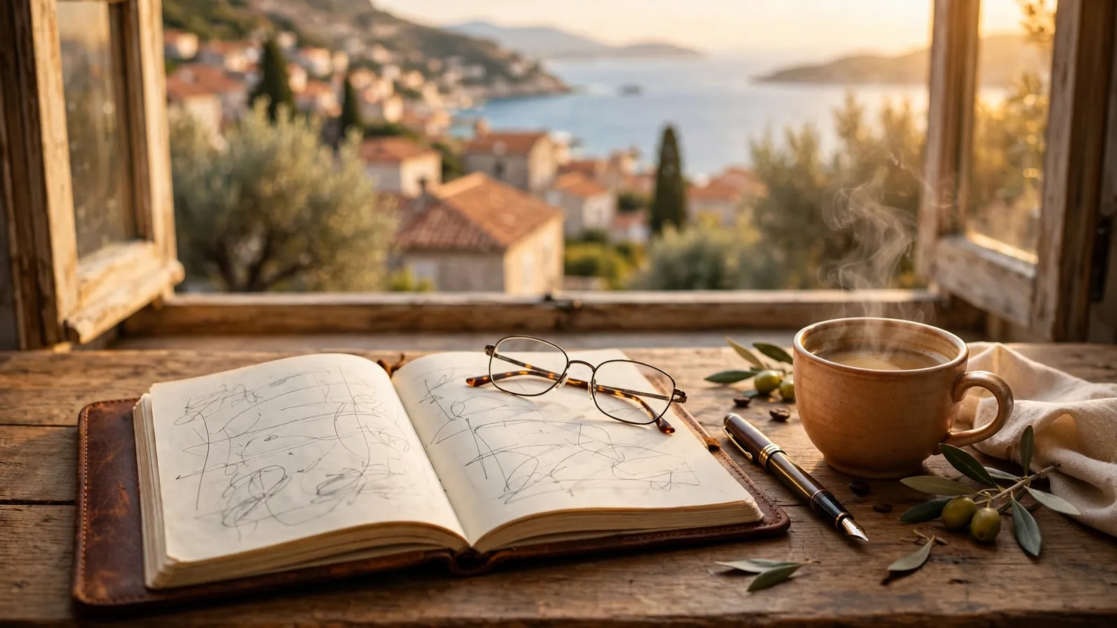 Otvoreni notes i nalivpero na stolu uz pogled na jadransku obalu.