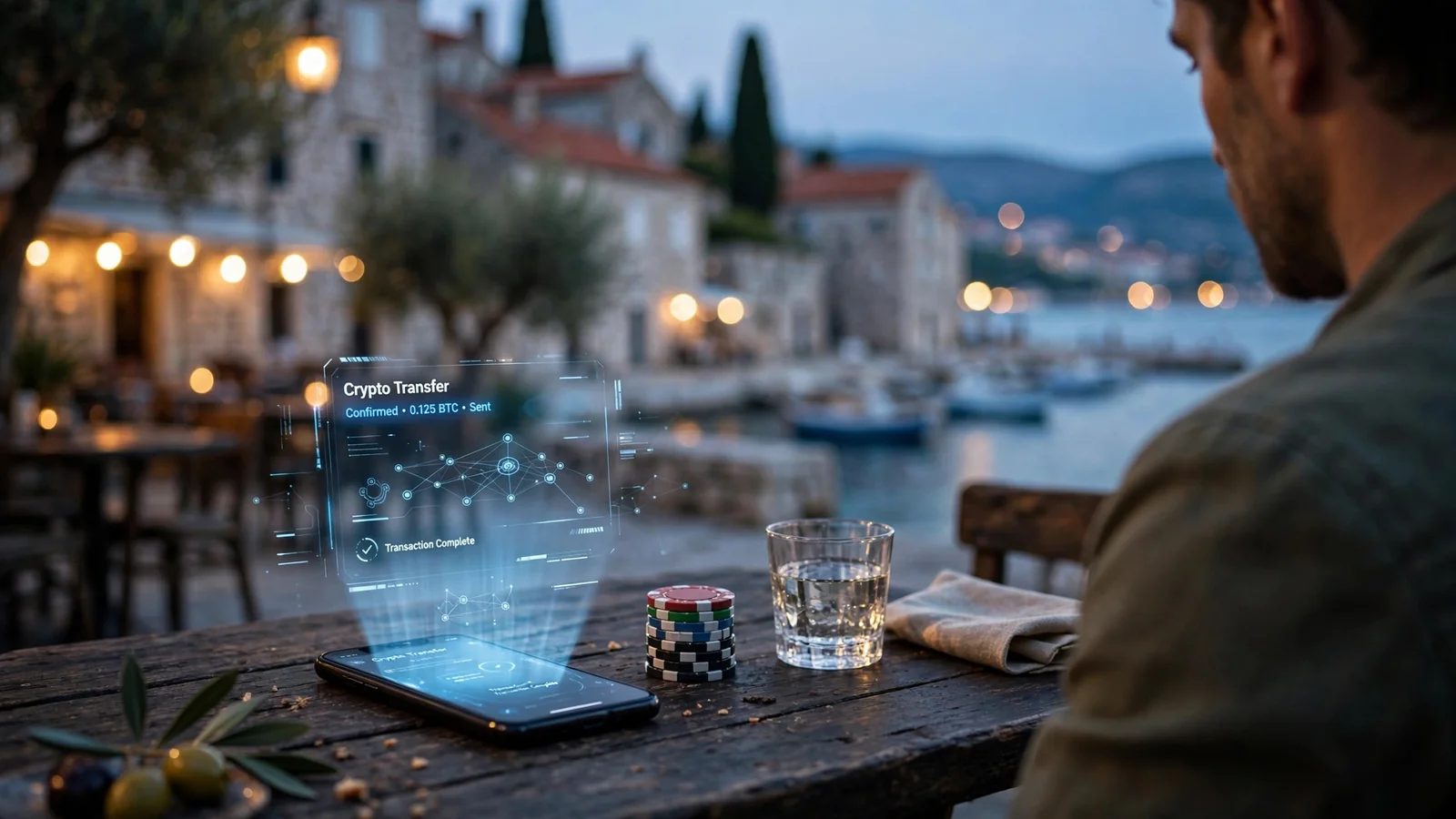 Smartphone sa čipovima na stolu u hrvatskom primorskom kafiću uz more