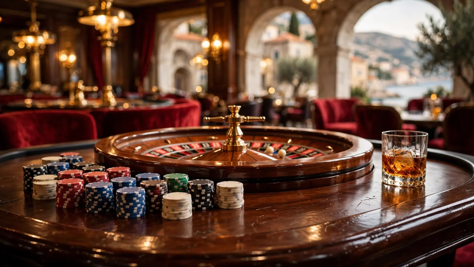 Elegantan casino stol s ruletom i žetonima u toploj atmosferi
