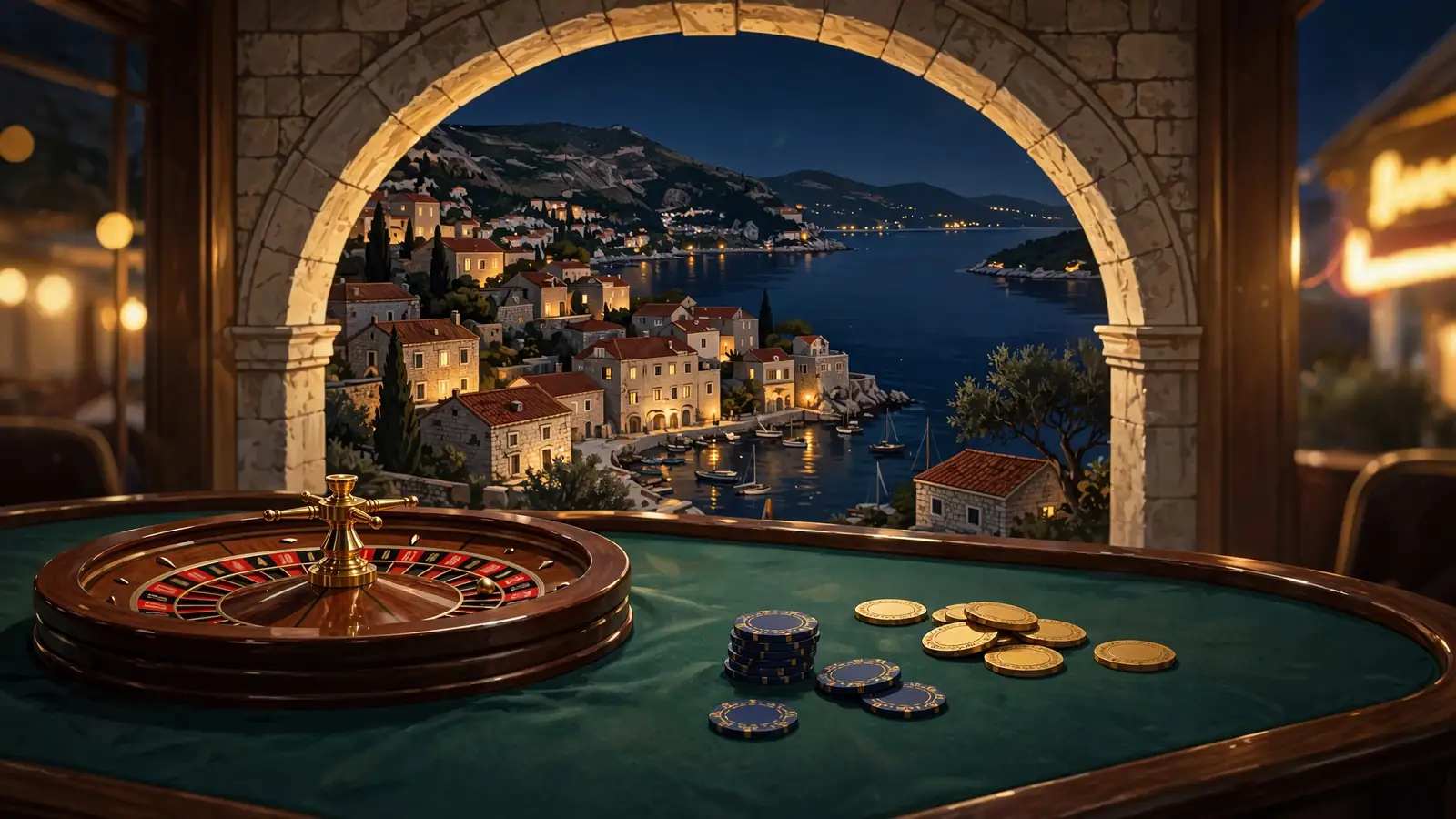 Stol s ruletom i žetonima u hrvatskom casinu uz pogled na noćnu obalu